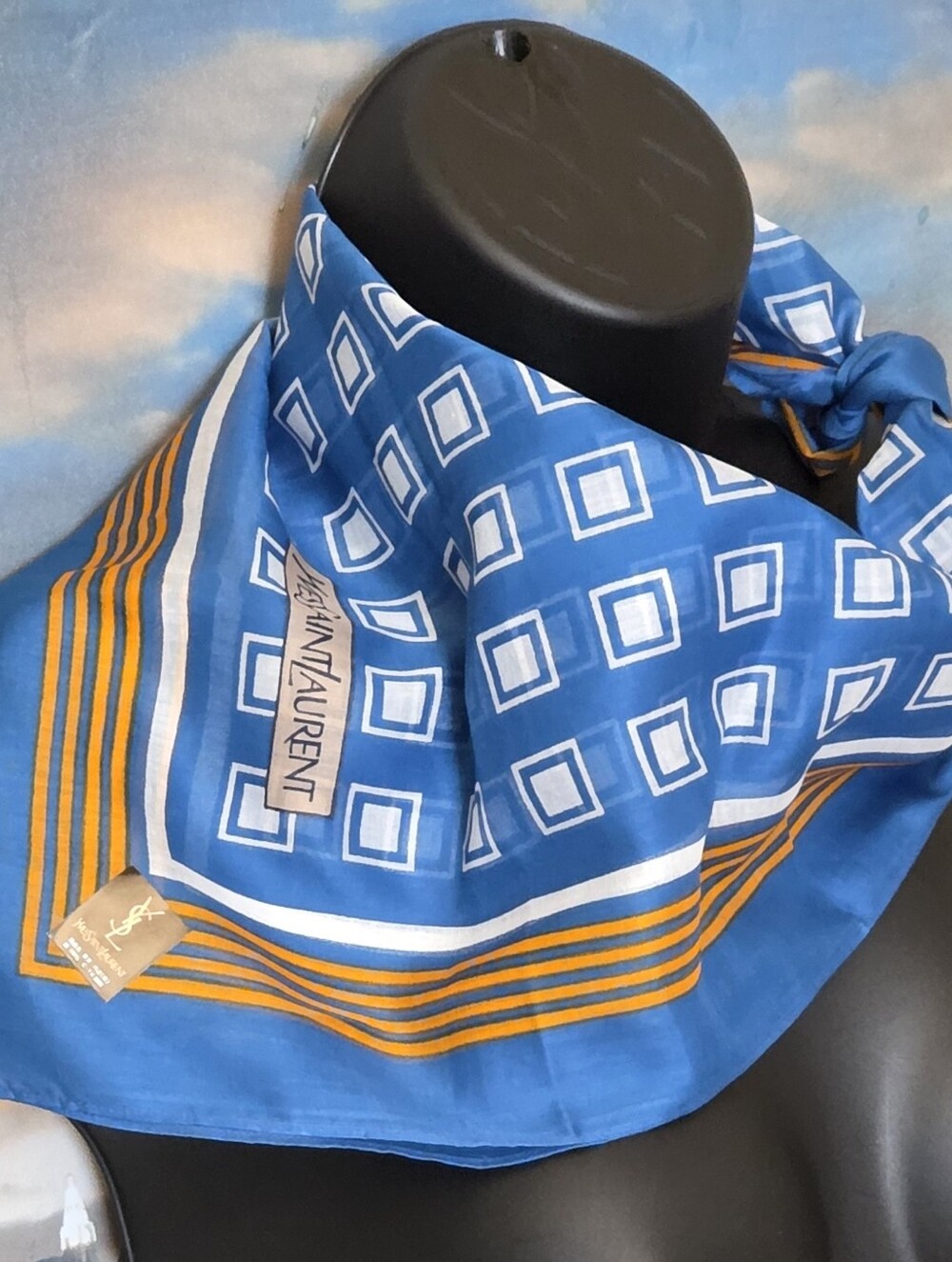 Yves Saint Laurent Blue and White Geometric Scarf with Gold Accents - Picture 6 of 12